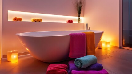 Poster - A modern bathroom with a white bathtub, lit candles, and colorful towels.