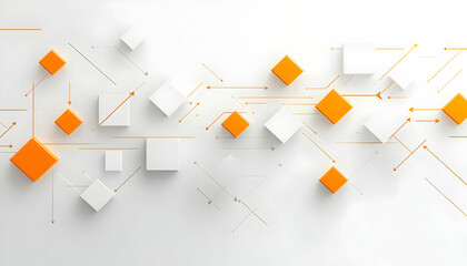 Aufkleber - Abstract 3D rendering of white and orange cubes with connecting arrows on a white background, representing network, connection, flow, and data transfer.