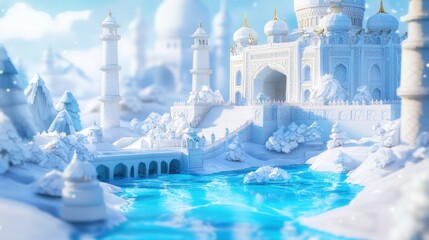 Aufkleber - A serene winter landscape featuring a majestic palace surrounded by snow and a blue river.
