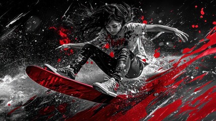 Aufkleber - A dynamic skateboarder performs a trick, surrounded by splashes of red and black for dramatic effect.
