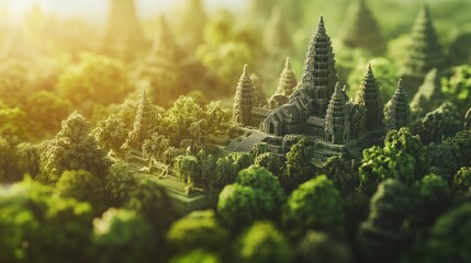 Poster - A detailed miniature landscape featuring intricate temple structures amid lush greenery.