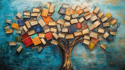 Poster - A tree made of colorful, open books, growing from a blue brick wall, symbolizes the growth of knowledge and wisdom.