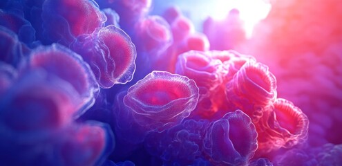 Poster - Close-up view of vibrant, microscopic cellular structures in a colorful environment.