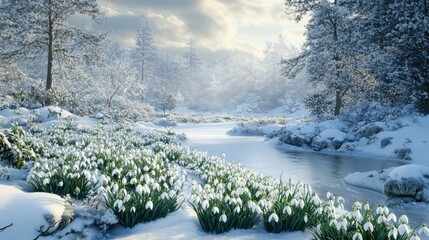 Poster - Snowdrop flowers blooming amidst a serene snowy landscape with a tranquil river, surrounded by frosty trees and soft winter light.