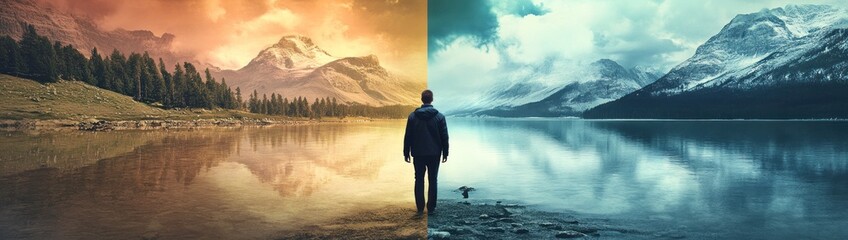 Poster - A split landscape showcasing contrasting serene environments with a figure in the center.