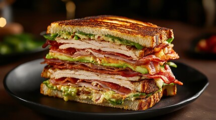Poster - A delicious, toasted club sandwich with turkey, bacon, avocado and lettuce, on a black plate.