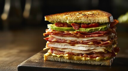 Poster - A tall sandwich with toasted bread, avocado, bacon, and turkey on a wooden cutting board.