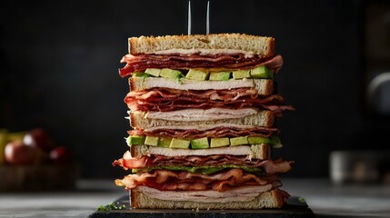 Poster - A towering club sandwich with layers of turkey, bacon, and avocado.