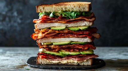 Poster - A towering club sandwich with layers of turkey, bacon, and avocado.