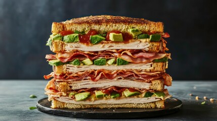 Poster - A towering sandwich with turkey, bacon, avocado, and a red sauce on toasted bread.