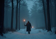 © Galeno - man candlestick walks alone foggy winter forest near cold dark mansion every christmas eve night