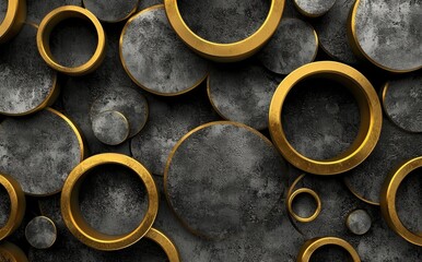 The modern background is comprised of black, gray, beige, and golden circles in a stylish 3D mural wallpaper.