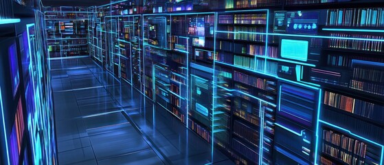 Poster - A futuristic digital library with glowing shelves and holographic displays.