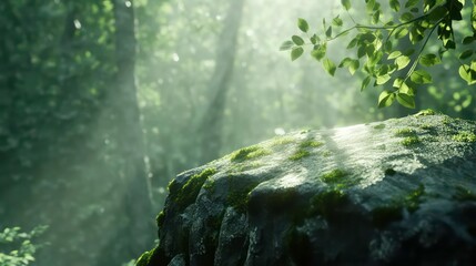 Poster - A mossy rock outcrop in a sun-dappled forest with soft light filtering through the trees.