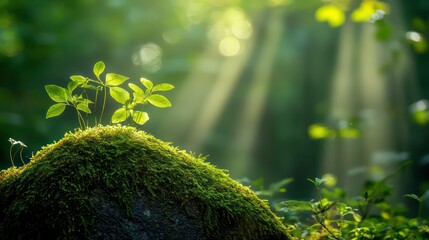 Poster - A tight shot of a moss-covered rock, positioned before a forest Sunlight filters through the leaves, casting dappled patterns Soft focus graces the foreground