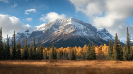 Majestic autumn mountain landscape featuring vibrant fall foliage and snow-capped peaks under a clear blue sky with lush coniferous trees in the foreground.