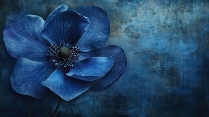 Poster - A single blue anemone flower with delicate petals on a textured blue background.