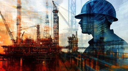 Wall Mural - industrial scene featuring a silhouette of a worker against a backdrop of machinery and structures.