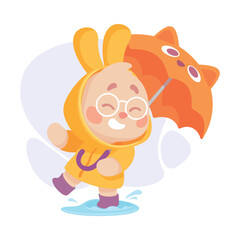 Wall Mural - cute rabbit animal character walk in rainy day with umbrella vector illustration