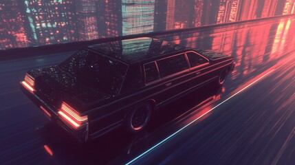 Aufkleber - A black car glides through a vibrant city illuminated by neon lights, its sleek silhouette reflecting on the wet pavement.