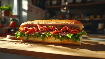 Poster - A freshly made sub sandwich with salami, lettuce, tomato, and pickles on a wooden counter, illuminated by natural light.