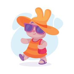 Wall Mural - cute rabbit animal character walking in hat and sunglasses vector illustration