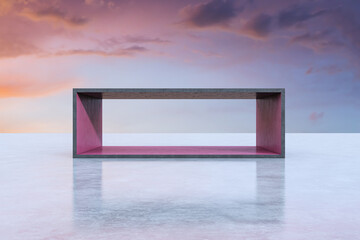 Poster - Bright concrete exhibition space with empty mock up place and sunset sky background. Creativity and modern art concept. 3D Rendering.