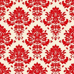 seamless background concept. A vibrant red damask pattern on a cream background, showcasing intricate floral designs in a symmetrical arrangement.