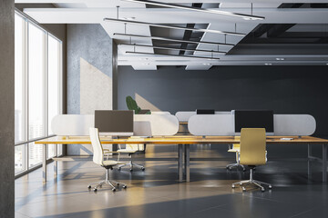 Poster - Modern dark concrete coworking office interior with panoramic windows and city view, furniture and equipment. 3D Rendering.
