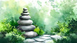 © Thiago - Serene zen garden with balanced stones among lush greenery in tranquil natural setting, minimal watercolor illustration. Tranquil Zen Garden. Illustration