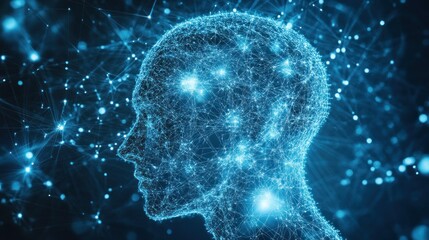 Poster - A digital representation of a human head made of interconnected nodes and glowing lines.
