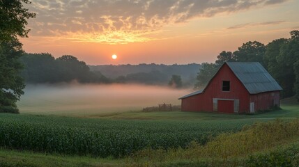 Sticker - Misty Sunrise over a Red Barn in a Cornfield