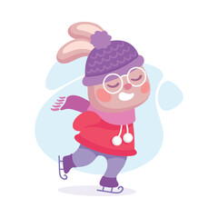 Wall Mural - cute rabbit animal character in warm hat ice skate vector illustration