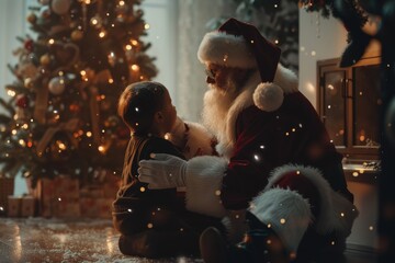 Santa and a child sharing joy near a brightly lit Christmas tree