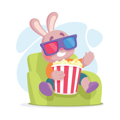 Wall Mural - cute rabbit animal character watching movie with popcorn vector illustration