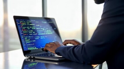 A man is typing on a laptop computer. The man is wearing a suit and he is working on a project. The laptop screen is displaying a code that the man is typing. Scene is focused and professional