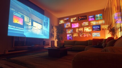 Poster - A warm and inviting living room features a large projector casting colorful images onto a wall. The cozy seating area is illuminated by various lights, creating a relaxed ambiance during the evening.