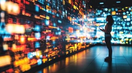 Poster - A person interacting with a vibrant digital display of data and visuals.