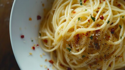 Poster - Close up of a plate of spaghetti with garlic, chili flakes, and parmesan cheese.