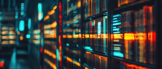 Poster - A vibrant library interior showcasing illuminated bookshelves.