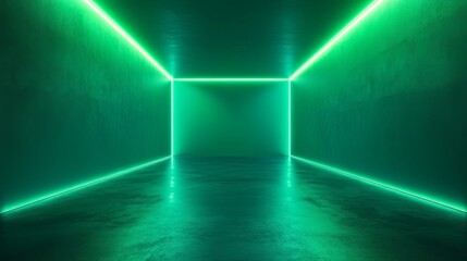 Wall Mural - empty room with green neon lights on walls and floor.