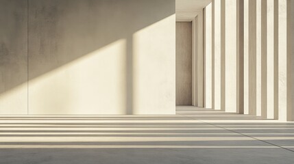 Poster - Modern, minimalist interior with a concrete wall and floor, with sunlight casting long shadows through vertical slats