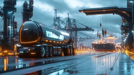 Aufkleber - A sleek, futuristic transport vehicle is parked at a vibrant shipping port illuminated by neon lights at twilight.