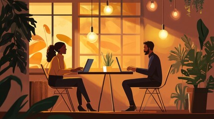 Poster - Couple Working at a Table Near Window