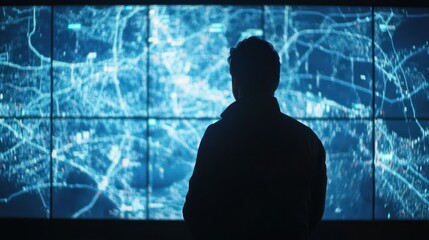 Poster - A silhouette observes a digital map displaying interconnected data points.