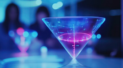 Leinwandbilder - A glowing glass hourglass filled with pink light sits on a table in a dimly lit room, with blurry figures in the background.