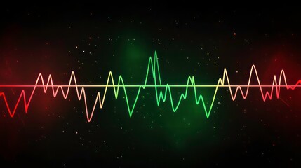 Fototapete - A vibrant and abstract sound wave graphic with red and green lines on a black background with sparkling glitter.