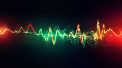 Fototapete - Abstract digital sound wave with red and green light trails on a dark background.