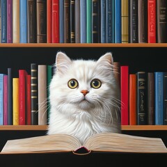 Wall Mural - A fluffy white cat sits in front of an open book, surrounded by colorful bookshelves, creating a charming and whimsical literary scene.