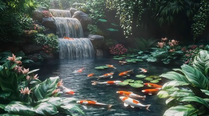 Aufkleber - A tranquil scene of a koi pond with a waterfall cascading down rocks, surrounded by lush greenery.